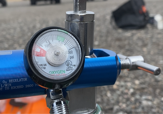 Close up image of the meter on an oxygen tank. 