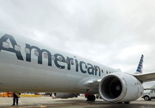 A photo of an American Airlines plane. 