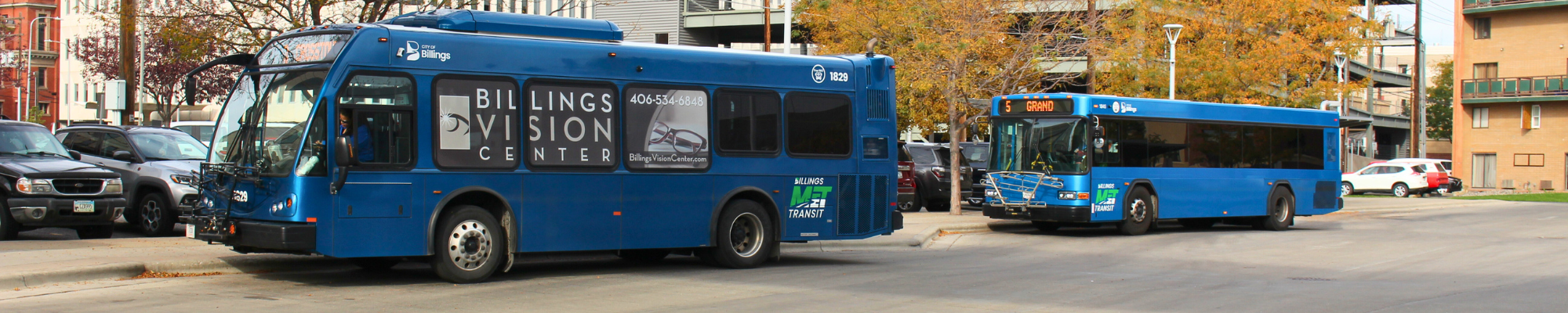 two blue fixed route buses at Downtown Transfer Center