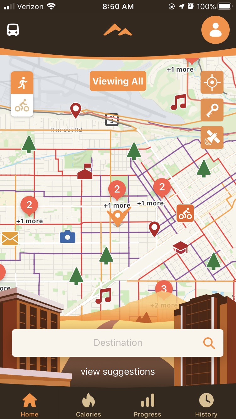Heritage Trails App Overview. Displays a map of Billings with symbols representing parks, bikeways, 
