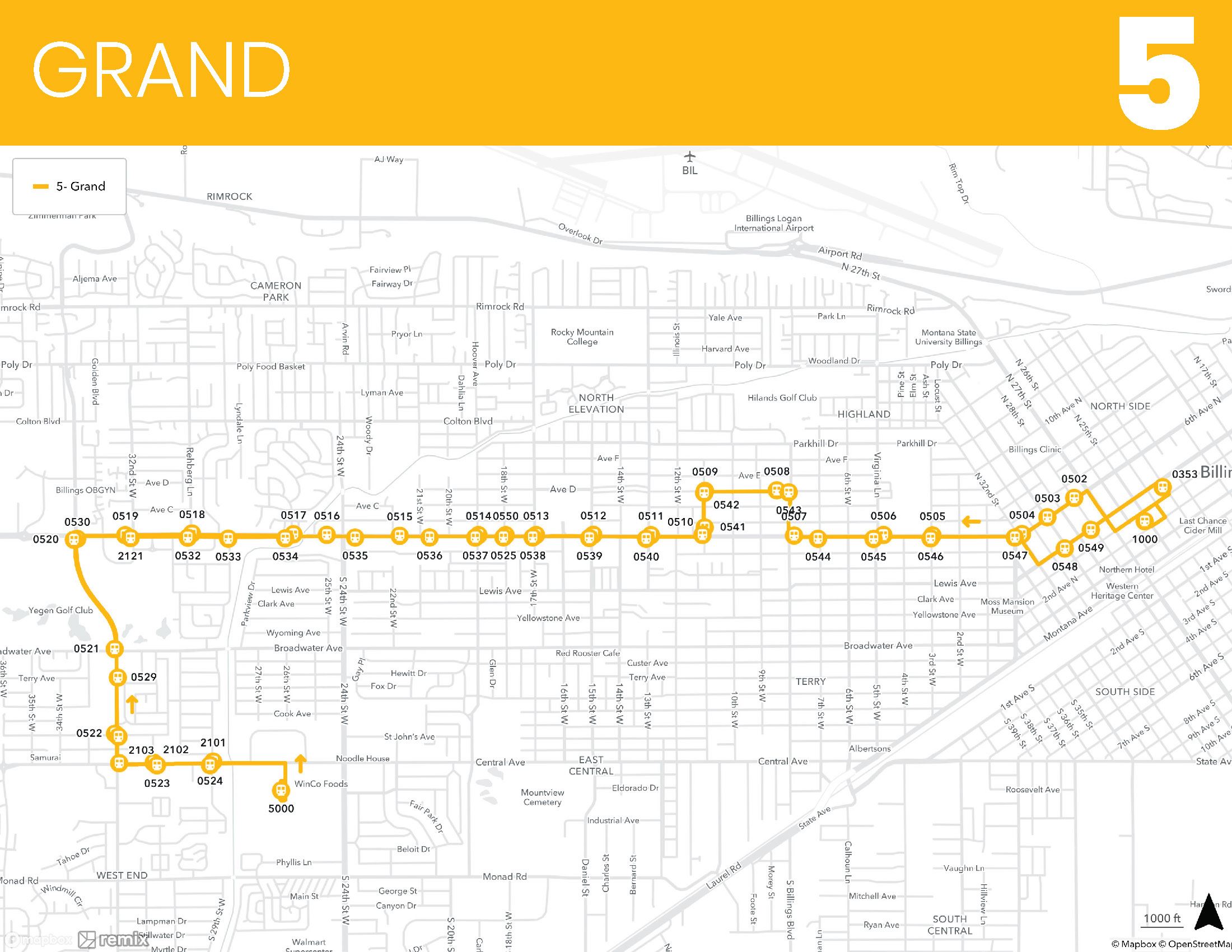 Route 5 - Grand Map showing where the bus will travel as well as all stops on the route