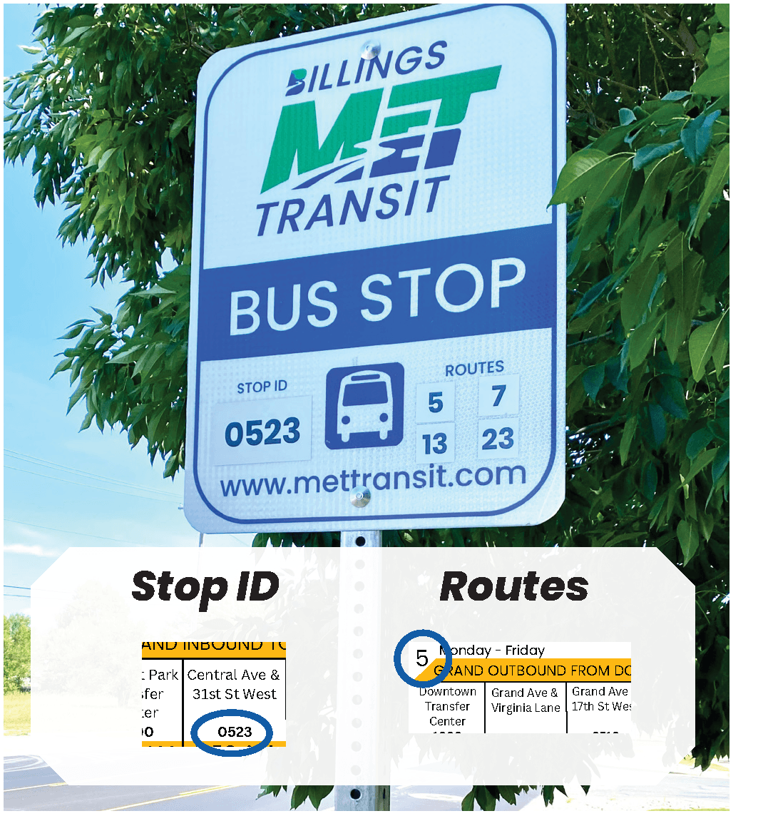 Bus Stop Sign showing Stop ID and Routes served