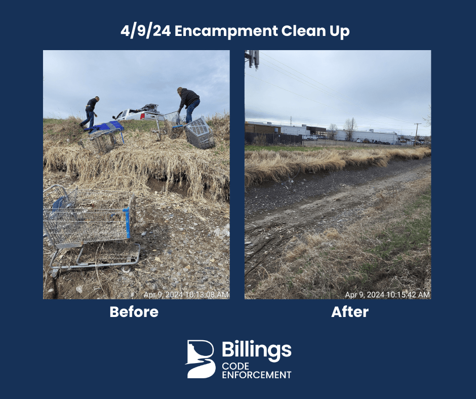 A before and after image of a cleand up area along the ditch.