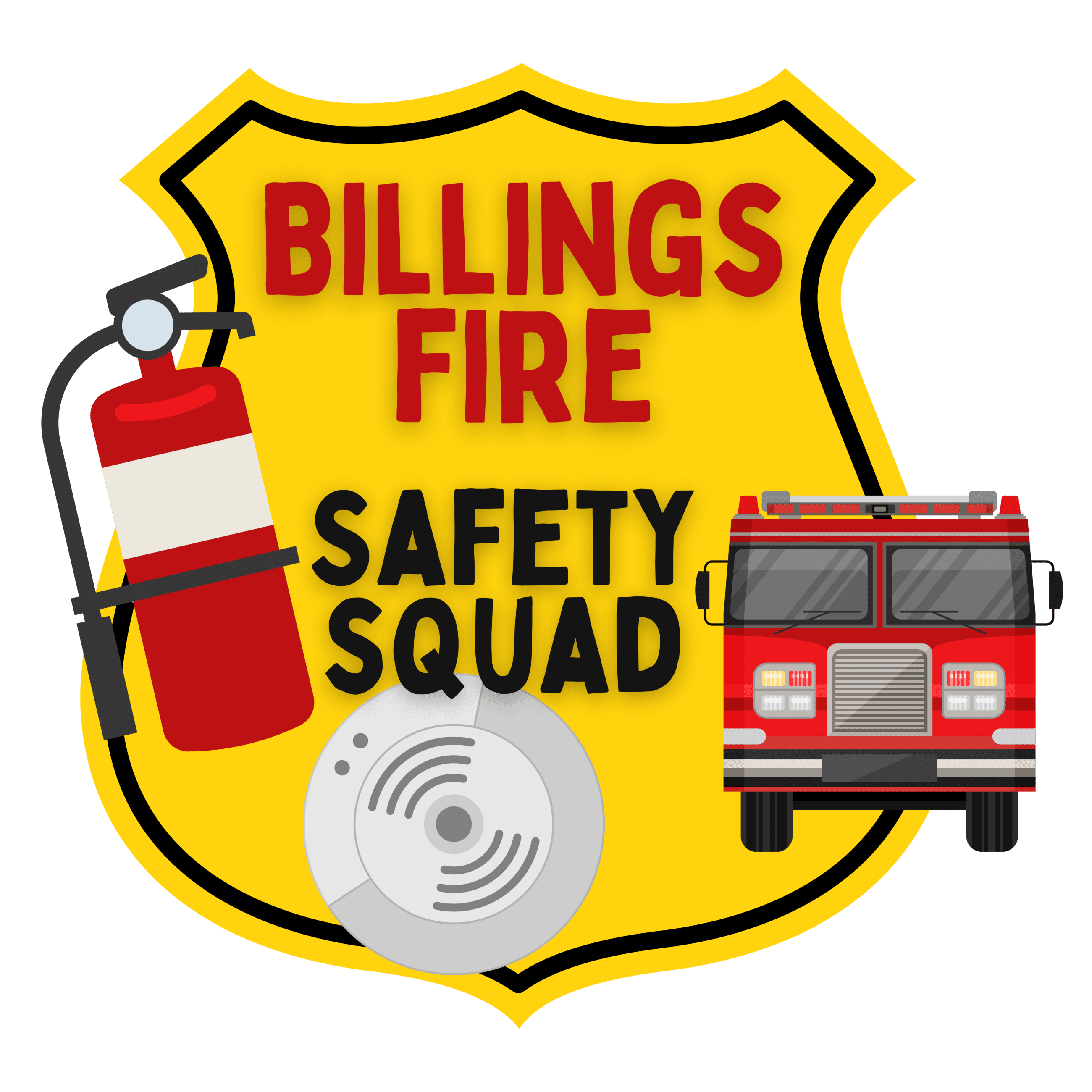The SAFETY SQUAD logo features a cartoon image of a fire truck, smoke alarm and fire extinguisher