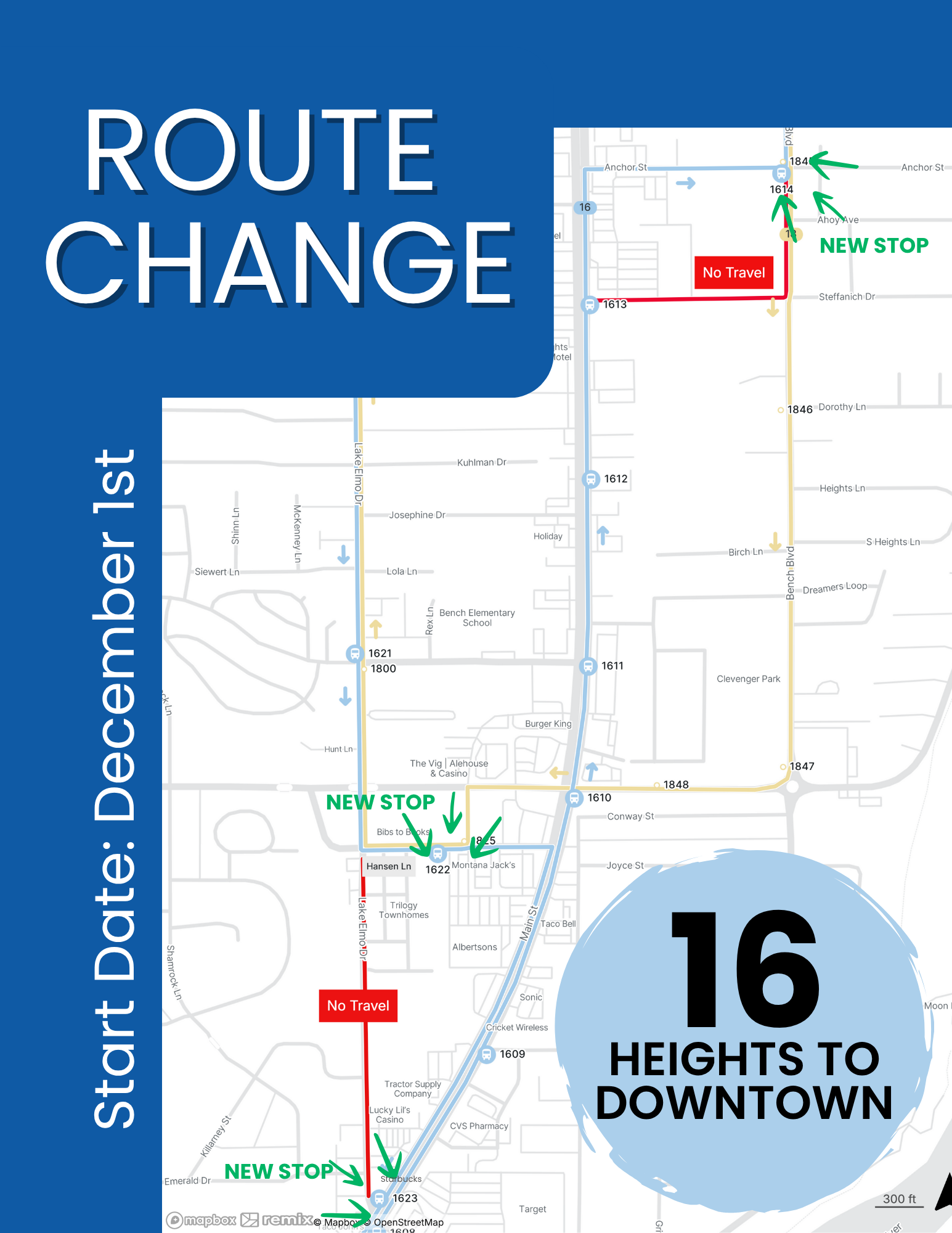 Map of route change for route 16 Heights to Downtown, indicates new stops